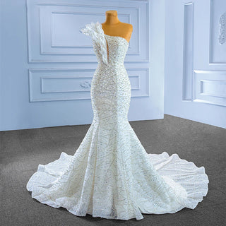 Luxury Pearls Sequins One Shoulder Mermaid Wedding Gown