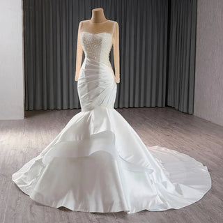 Exclusive Long Sleeve Satin Mermaid Wedding Dress with Pearls and Ruffles