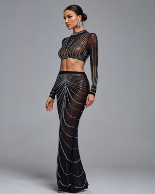 Ships in 1 to 3 Days - Sheer Black Two-Piece Gown with Glittering Rhinestone Accents