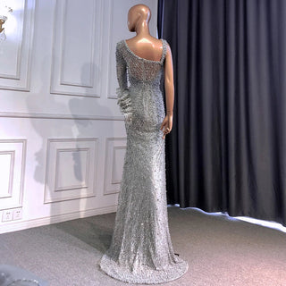 Grey Mermaid Elegant One Shoulder Luxury Beaded Evening Dress: 2024 Gown for Women's Party