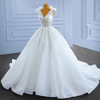 Lace White Bow Modest Sequin Bridal Ball Gown Wedding Dress