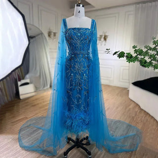 Ships in 1 to 3 Days - Blue Mermaid Ankle Length Midi Feather Beaded With Cape Evening Dress Gown for Women's Wedding Party 2024