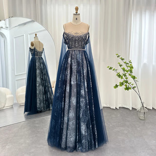 Luxury Dubai Blue Evening Dress with Cape Sleeves: Elegant Arabic Women's Prom Formal Dress for Wedding Party