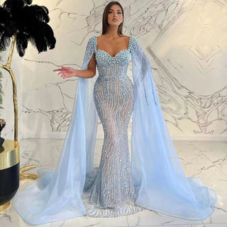 Arabic Luxury Beaded Mermaid Evening Dress with Cape Sleeves for Women Wedding Party 2024