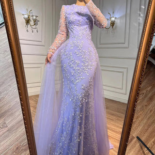 Ships in 1 to 3 Days - Blue Mermaid Elegant Evening Dress with Train - Beaded Luxury Arabic Gown for Women's Wedding Party 2024