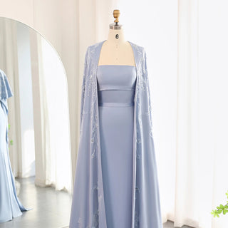 Arabic Blue Mermaid Evening Dress with Cape Sleeves 2024 Luxury Beaded Dubai Women Wedding Guest Party Gowns