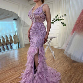 Pink Mermaid Evening Dress 2024 with Sexy High Split, V-Neck, Feather Beaded Luxury - Ideal for Women's Wedding Party