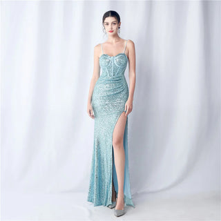 Sexy Blue Sequin Strap Party Maxi Dress - Long Prom Evening Dress