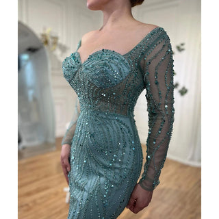 Ships in 1 to 3 Days - Arabic Turquoise Elegant Mermaid High Split Beaded Evening Dress: Gown for Women's Wedding Party 2024