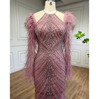 Pink Feathers Mermaid Elegant Long Evening Dress 2024 - Luxury Dubai Gowns for Women's Wedding Party