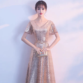 Elegant V-Neck Gold Sequin Prom Dress for Floor-Length A-Line Long Singing Dress