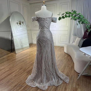 Arabic Silver Nude Mermaid High Split Beaded Luxury Dubai Evening Dress - Women's Wedding Party 2024