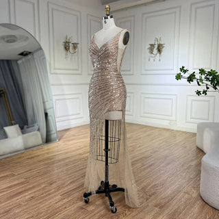 2024 Gold Mermaid Spaghetti Strap Side Slit Beaded Luxury Evening Dresses Gowns for Women Wedding Party