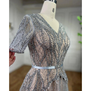 Silver Nude Elegant Short Sleeves A-Line Evening Dress 2024 - Mother of the Bride Luxury Beaded Party Dress