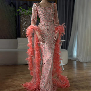 Ships in 1 to 3 Days - 2024 Luxury Peach Mermaid Evening Dress - Flared Sleeves Beaded Feather Gown for Women’s Parties