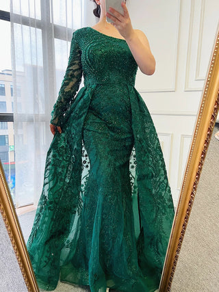 Emerald Green One-Shoulder Mermaid Evening Dress with Overskirt: Luxury Formal Party Gowns for Plus Size Women's Wedding