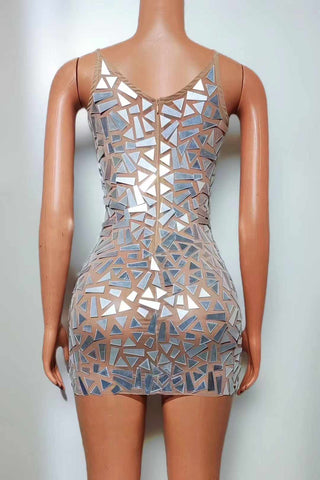 Reflective Mirror Mosaic Mini Dress with Sleek Halter Neckline