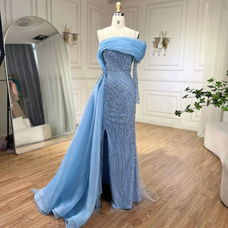 Blue Mermaid Elegant One-Shoulder Evening Dress with Luxury Pearls Beading - Women's Wedding Party Gown (2024)