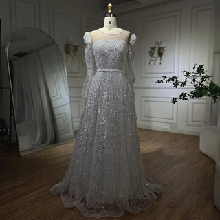 Dubai White A-Line Luxury Evening Dress with Pearls and Beaded Long Sleeves - Women's Wedding Party Gown 2024