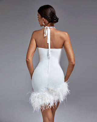 Ships in 1 to 3 Days – Elegant White Ostrich Feather Halter Mini Dress - Diamond Embellished Bodycon Party Gown