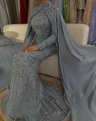 Ships in 1 to 3 Days - 2024 Luxury Dubai Blue Muslim Mermaid Beaded Evening Gown with Cape Sleeves for Women's Party