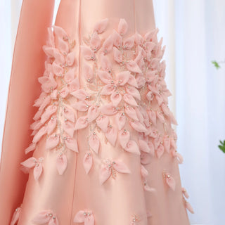 Luxury 3D Leaves Blush Pink Satin Mermaid Evening Dress with Cape - Dubai Arabic Women Wedding Prom Party Gown