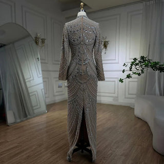 2024 Muslim Nude Elegant Mermaid High Split Beaded Luxury Evening Dress - Gown for Women's Wedding Party