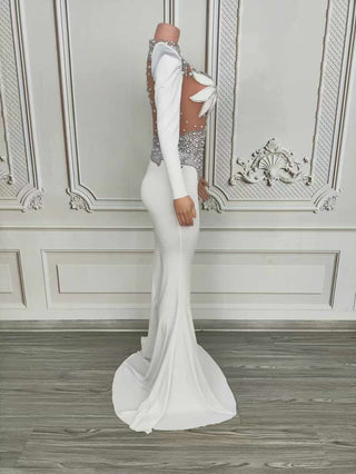 White Long-Sleeve Sheer Crystal-Embellished Gown with Bold Leaf Motif