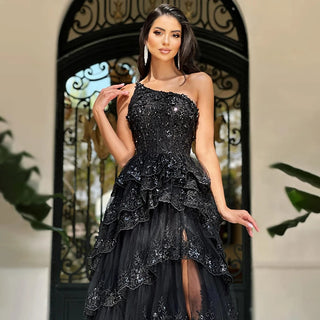 2024 Arabic Black Elegant One-Shoulder Tiered Side Slit A-Line Lace Luxury Prom Dress for Women's Party