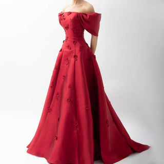 Off-Shoulder Wine Red Arabic Evening Dress with 3D Flowers for Dubai Women’s Wedding, Engagement, and Party Gowns