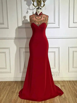 Arabic Wine Red Mermaid Elegant Satin Beaded Luxury Dubai Evening Dresses Gowns For Women Wedding Party 2024