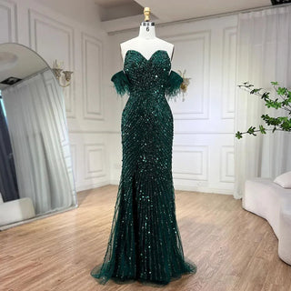 Green Mermaid High Split Spaghetti Strap Evening Dress: 2024 Feather Beaded Gown for Women's Party