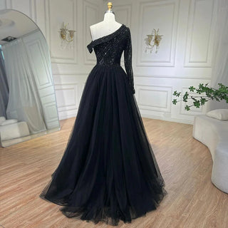 Ships in 1 to 3 Days - 2024 Black One-Shoulder With Overskirt Luxury Beaded Formal Occasion Evening Dresses Gowns for Women Party