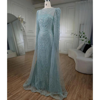 Ships in 1 to 3 Days - Turquoise Cape Sleeves Luxury Beaded Mermaid Arabic Evening Dress Gown for Women Wedding Party 2024