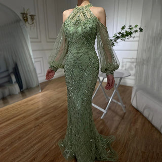 Ships in 1 to 3 Days - 2024 Elegant Sage Green Halter Neck Beaded Luxury Mermaid Evening Dress for Formal Occasions - Saudi