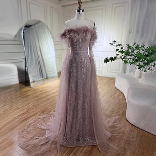 Pink Cape Sleeves Mermaid Yellow Evening Dresses Gowns Luxury Beaded Feathers For Women Wedding Party 2024