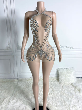 Luxurious Crystal Embellished Sheer Mini Dress with Halter Neck Design