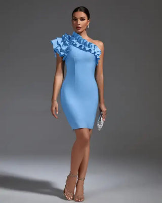 Vestidos De Noche Cut-Out Ruffle Neck One-Shoulder Mini Bandage Dress - Light Blue Bodycon Short Evening Dress