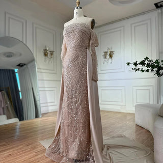 Nude Pearls Beaded Mermaid Gown with Overskirt – 2025 Custom Arabic Luxury Design