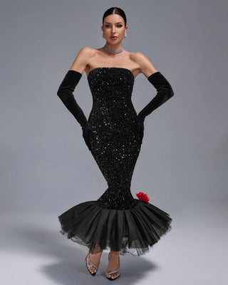 2024 Luxury Sequined Mesh Trumpet Strapless Evening Ball Gown with Gloves - Elegant Black Dress for Women