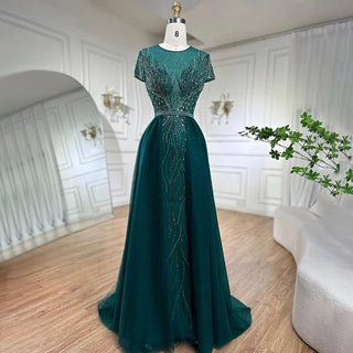 Green Mermaid Elegant Evening Dress with Overskirt - Beaded Luxury Dubai Gown for Women Wedding Party 2024