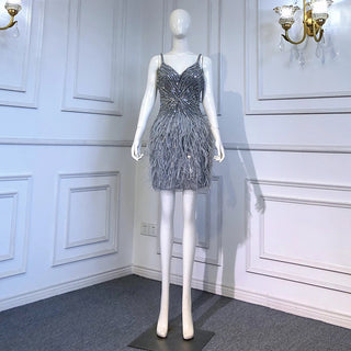 Ships in 1 to 3 Days - Grey Sleeveless Mermaid Cocktail Dress 2024 with Sexy Beaded Feathers - Ideal for Women's Party