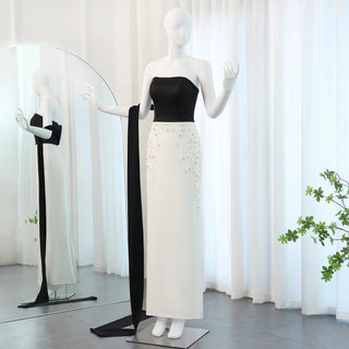 Elegant Black and White Strapless Evening Dress with Cape - 2024 Luxury Beaded Arabic Gown for Women’s Wedding Parties