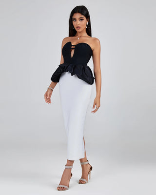 Fall 2023 Women’s Colorblock Strapless Black and White Off-Shoulder Sexy Evening Dress - Party and Club Wear