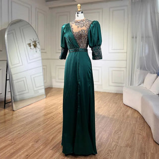 Ships in 1 to 3 Days - 2024 Green Satin Three Quarter Mermaid Evening Dress: Elegant Lace Beaded Gown for Women's Wedding Party