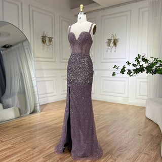 Purple Spaghetti Straps Mermaid Beaded Party High Split Evening Dress - Gown for Women's Wedding Party 2024