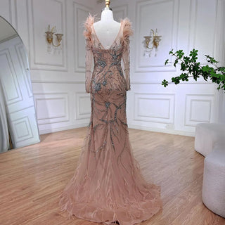 Luxury Dubai Nude One-Shoulder Beaded Feathers Mermaid Evening Dress - Gown for Women's Wedding Party