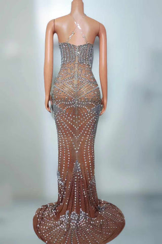 Glamorous Crystal-Embellished Sheer Illusion Gown