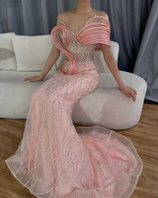 Pink Mermaid One-Shoulder Beaded Cut-Out Evening Dress Gown for Wedding Party