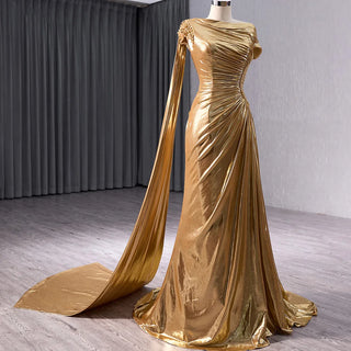 Luxury Golden Slim Ruched Mermaid Evening Party Dresses For Women